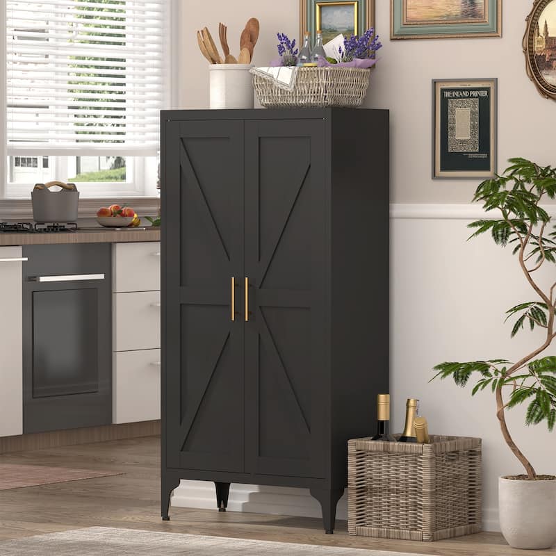 2 Doors Metal Storage Cabinet Kitchen Pantry Cabinet With Adjustable Shelves all Steel Cabinet Locker - Black