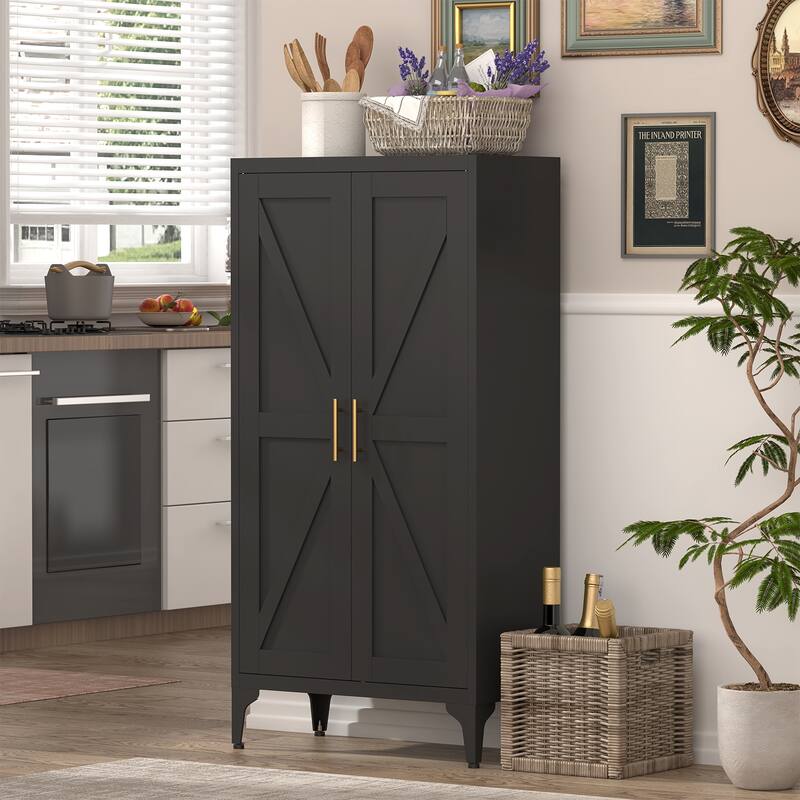 Anmytek Black 2-Door Storage Cabinet with Adjustable Shelves Anti-Tipping Magnetic Closure - Black