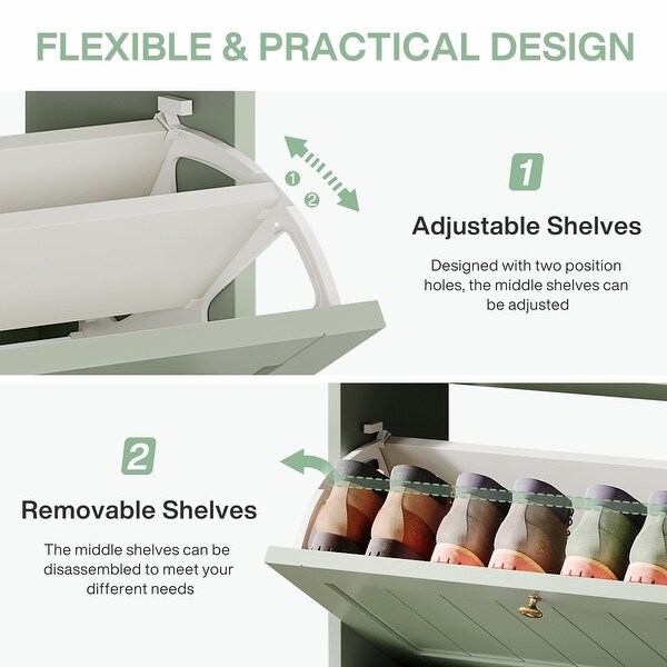 Narrow Shoe Storage Cabinet with 3 Flip Drawers, Green - Bed Bath