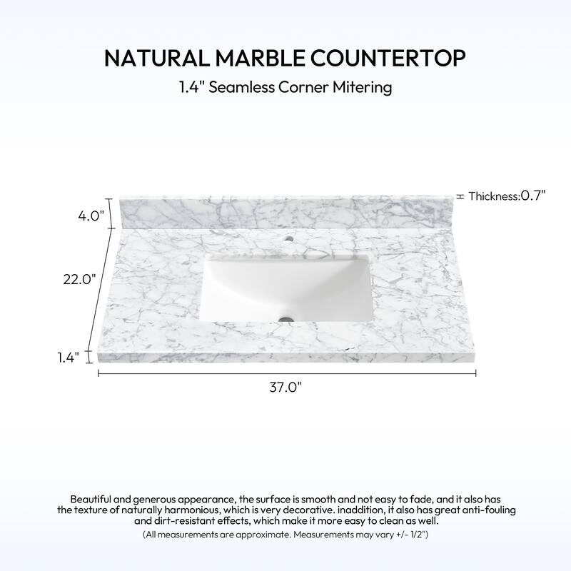 Zevio Natural Marble Vanity Top in Carrara White with Ceramic Sink