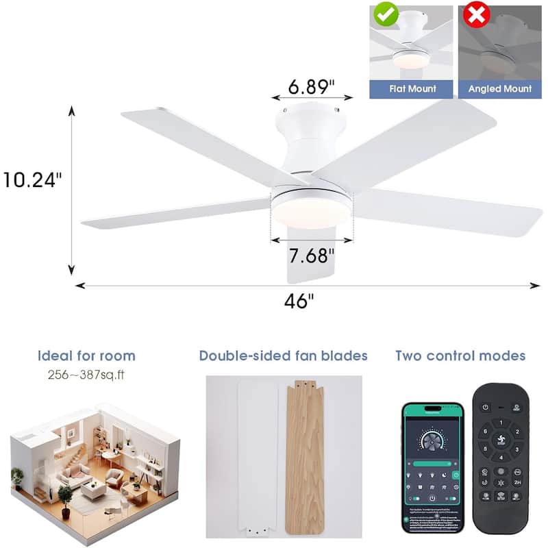 46"/52" Inches Flush Mount Modern Quiet Ceiling Fan with Light and Remote,5 Blades,for Living room,Bedroom