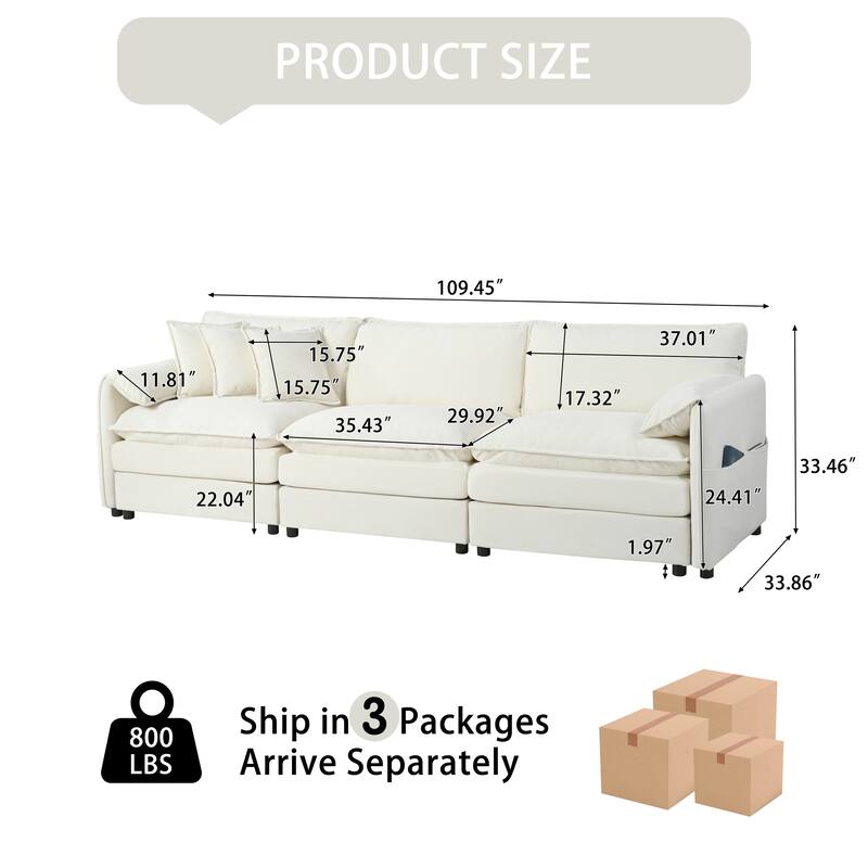 Oversized Deep Seat 3 Seater Modular Sofa, Beige Chenille for Living Room