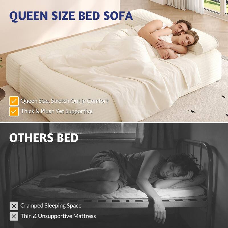 78.7" Convertible Sofa Bed, 2-in-1 Corduroy Couch with 3 Pillows, Modern Folding Boneless Couch