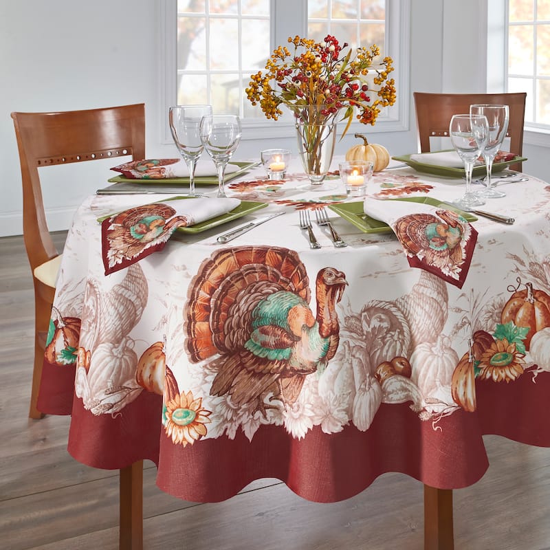 Holiday Turkey Bordered Fall Tablecloth - 70" Round - Cream