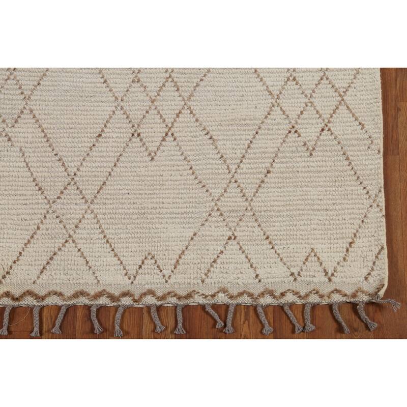 Ivory Striped Moroccan Oriental Runner Rug Handmade Wool Carpet - 3'11"x 13'0"