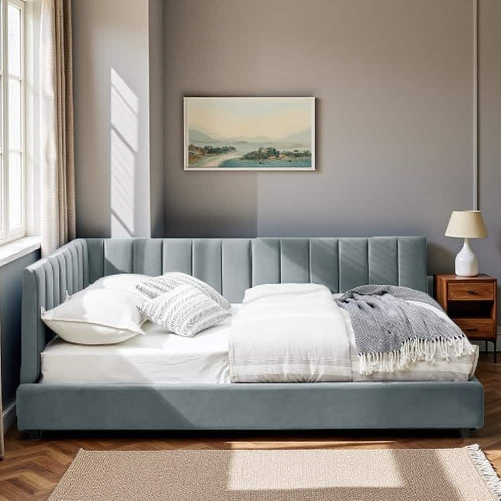 Full Size Velvet Upholstered Daybed with Tufted Backrest and Armrest, Mid-Century Sofa Bed Frame for Bedroom or Living Room