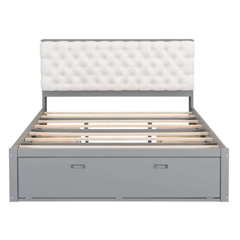 Gray Queen Size Wood Platform Bed with Storage Headboard, Shoe Rack and 4 Drawers