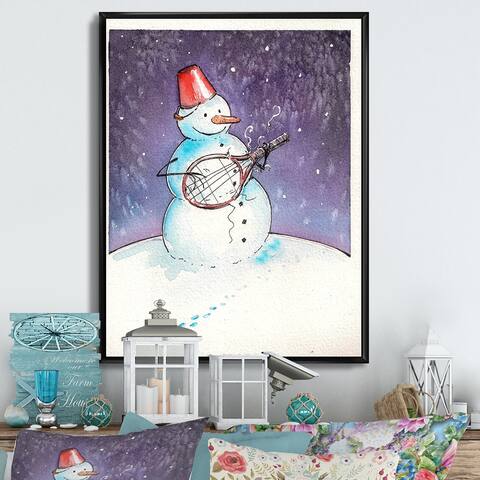 Designart "Christmas Snowman Playing Guitar III" Traditional Framed Christmas Canvas Wall Art