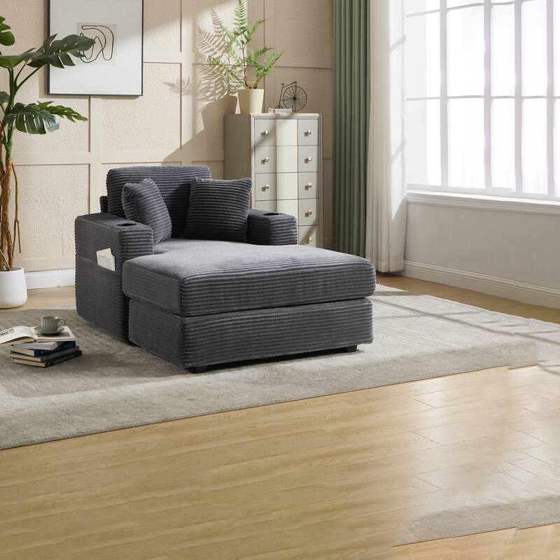 Corduroy Upholstered Chaise Lounge Sofa,Magazine bag,Detachable Cushions Deep Seat for Living Room Office