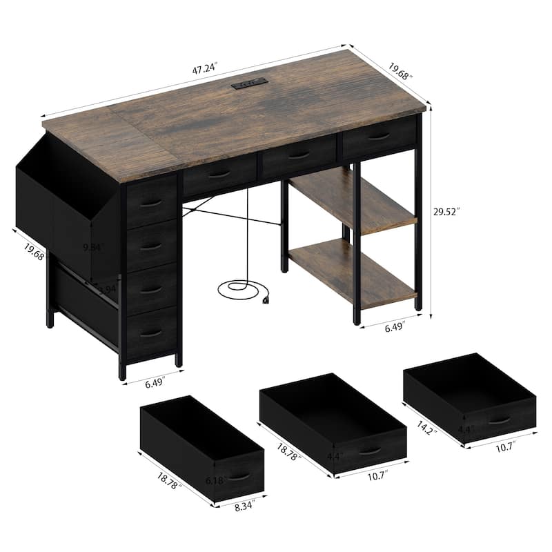 Computer Desk with 7 Drawers & Side Pocket, Home Office Desk with Power Outlets & USB Ports, Small Writing Study Table