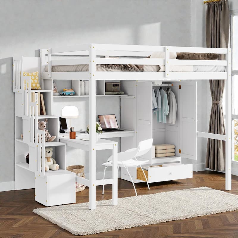 Full Size Wood Loft Bed with Desk, Wardrobe and Storage Staircase, USB Charging Station, Safety Guardrails