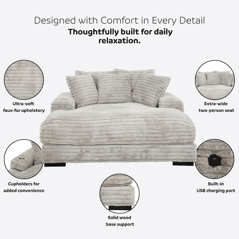 Cocoon Faux Fur Corduroy Oversized Chaise Lounge with Cupholders and USB/USB-C