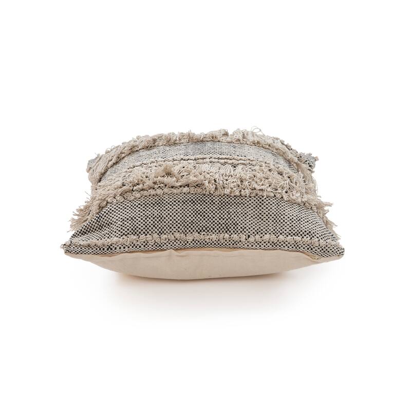 Handwoven Textured Stripe Square Throw Pillow with Fringe - 20" - Beige and Black