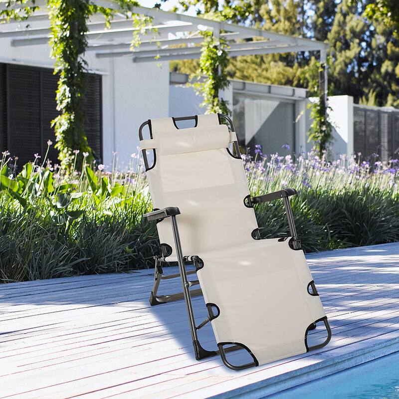 Folding Outdoor Chaise Lounger with Adjustable Backrest, Headrest and Pocket for Patio Beach or Lawn