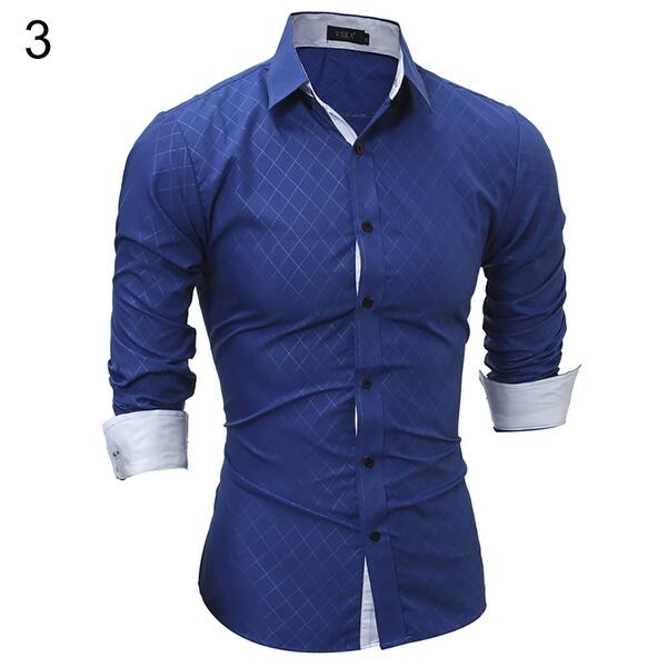 Shop Fashion Casual Lapel Shirt Button Down Plaid Long Sleeve Slim