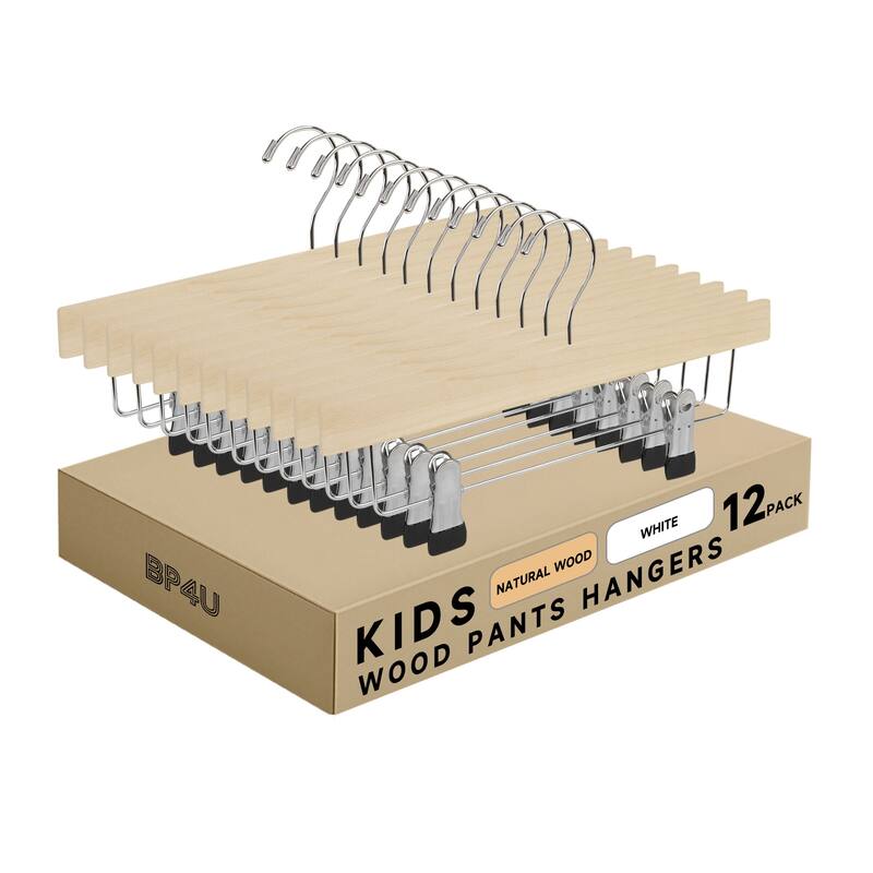BP4U Kids Wooden Pants Skirts Hangers, Baby Solid Wood Hangers with Clips for Toddler & Children's Trousers, Slacks, Jeans - Natural Wood - 12-Pack