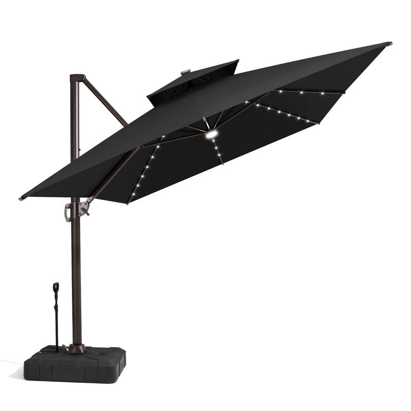 13 x 10 FT Double Top Solar powered LED Patio Cantilever Umbrella Aluminum with Base - Black