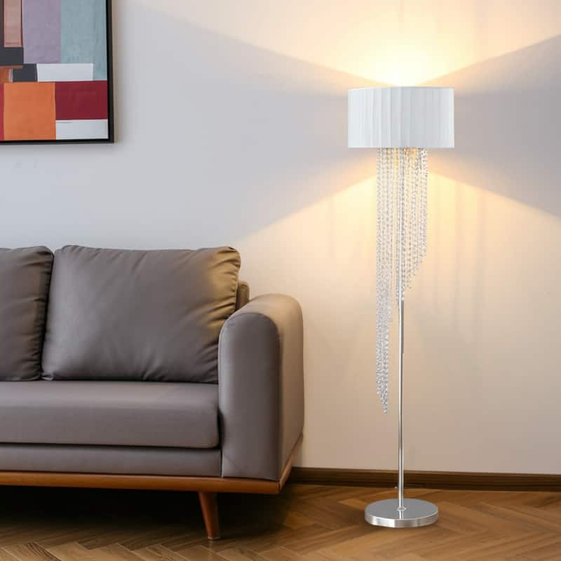 66" Clear And Silver Crystal And Metal Floor Lamp With White Linen Drum Shade - 15.75" x 15.75" x 65.75"