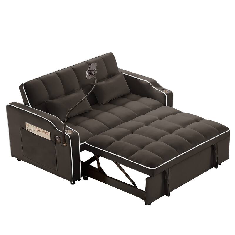 Versatile Foldable Double Seat Recliner,Comfortable Velvet Pull-Out Sleeper Sofa Bed with Side Pockets,Swivel Phone Stand