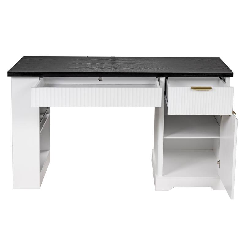 Roomfitters 55" Modern Fluted Office Desk with Charging Station, Storage Cabinet & Pegboard