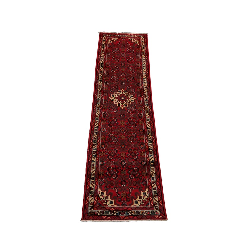 2'8''x9'8'' Runner Hand Knotted Wool Red Hamedan Traditional Rug - 2' 8'' x 9' 8''