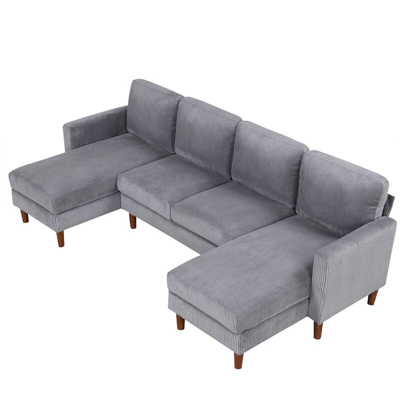 U-shaped Corduroy Fabric Combination Sofa with Solid Wood Legs and Sponge-filled Cushion