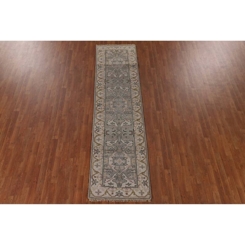 Floral Grey Oushak Oriental Runner Rug Handmade Wool Carpet - 2'7"x 9'11"