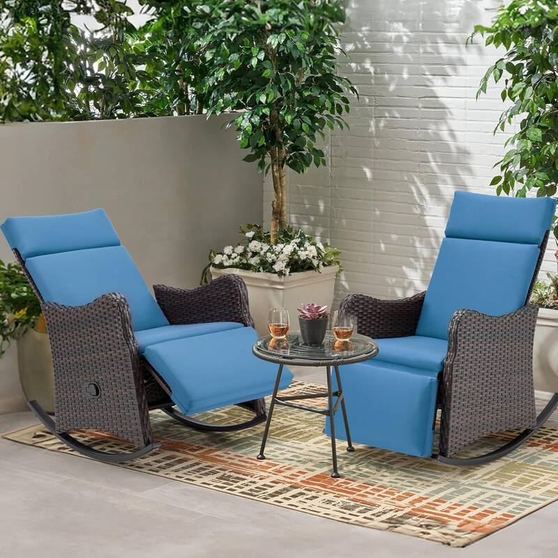 Outdoor Recliner Rocking Chairs with Soft Removable Cushions and Footrests