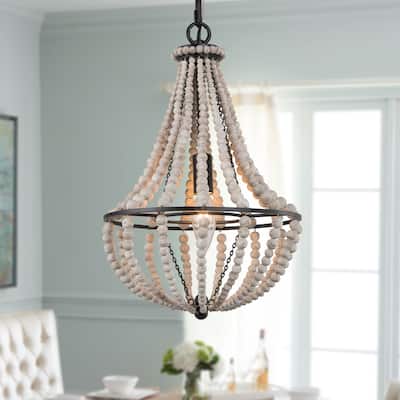 Farmhouse 1-Light Wood Beads Mini Chandelier Boho Pendant Light for Kitchen Island - Dia. 10" x H 15"