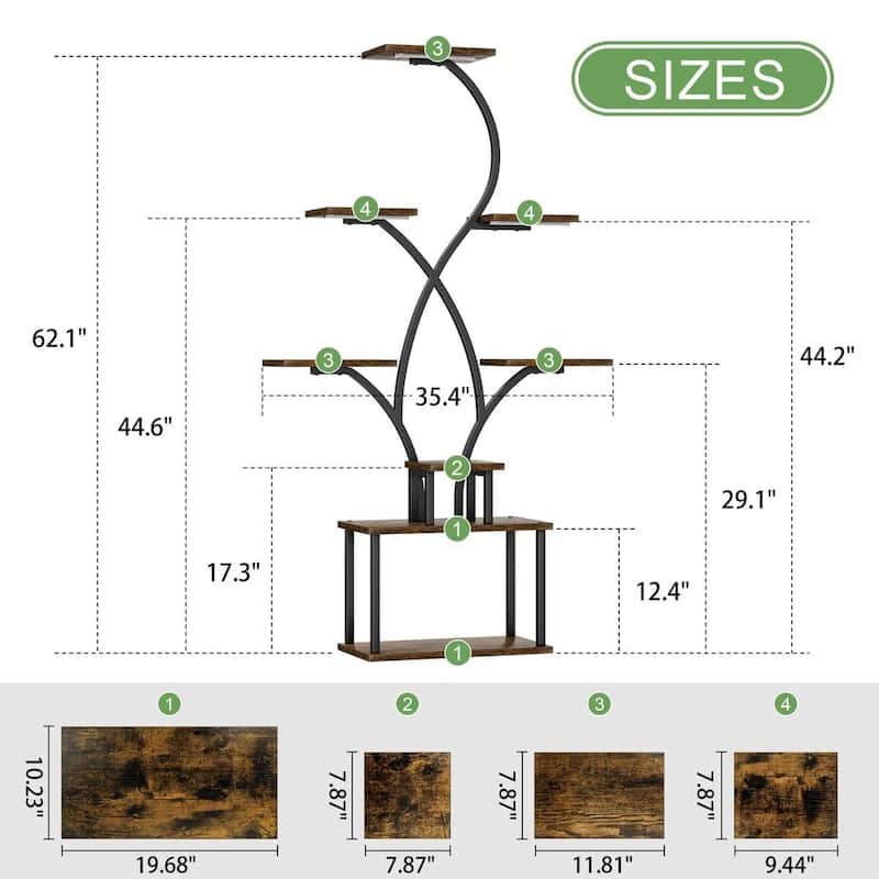 Brown-Black Iron Wood 8-Tier Indoor Tree Plant Stand with Grow Lights and Storage Shelves - 19.68'' L X 10.23'' W x 62” H