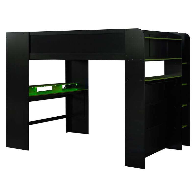 Full Size Wood Bunk Bed with height-adjustable Desk,Wardrobe,Ample Storage Space,and RGB Light