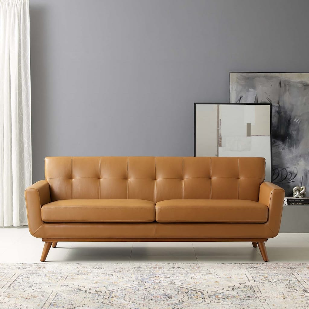 Modway Engage Top-grain Leather Living Room Lounge Sofa in Tan