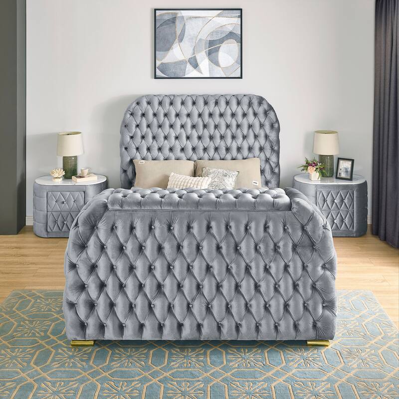 1pc Oval Faux Marble Top Nightstand 2- Drawers Storage Button Tufted Faux Crystal Tufted