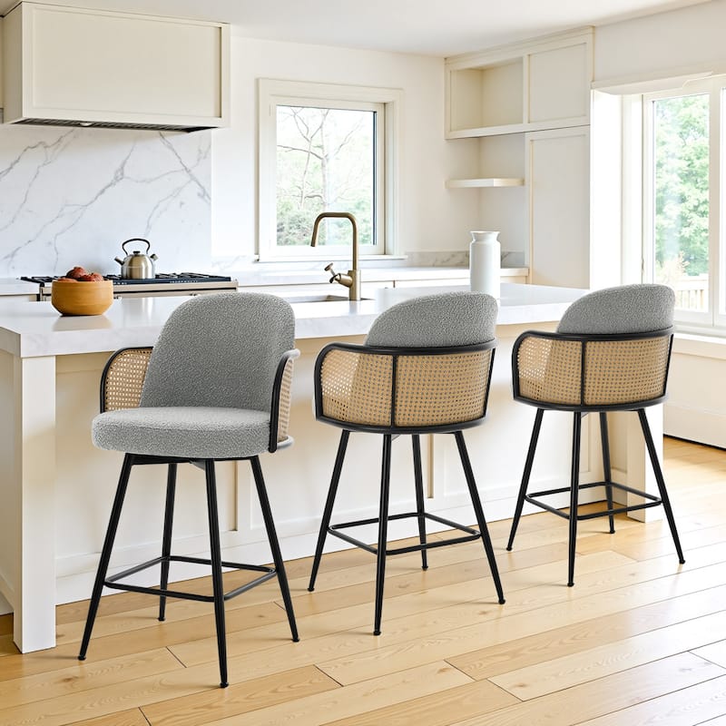 26" Swivel Boucle Fabric Upholstered Bar Stool - 38.2"H x 21.5"W x 23.2"D - Set of 3 - Grey