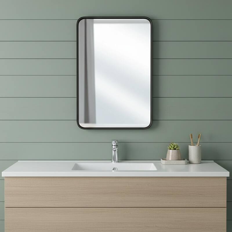 HomeRoots 30" Black Metal Floating Framed Bathroom Vanity Mirror - 21.60 in. x 29.50 in. x 1.30 in. - 21.60 in. x 29.50 in.  x 1.30 in.
