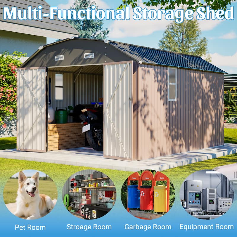 GDFStudio - Large Heavy Duty Rust-Resistant Metal Tool Shed Storage with Floor Frame & Lockable Doors for Easy Access