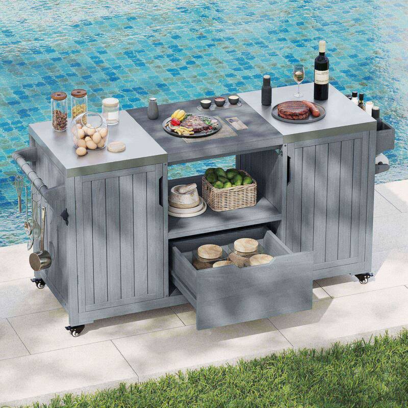 Modular Outdoor BBQ Grill Cart with Stainless Steel Worktop, Storage Cabinet, Paper Towel Rack & Spice Rack