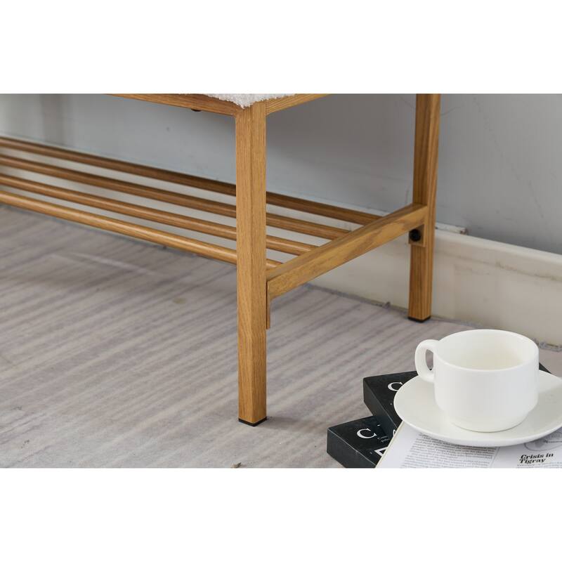 End of Bed Bench with Shelf, Retro leather Upholstered Storage Shoe Bench