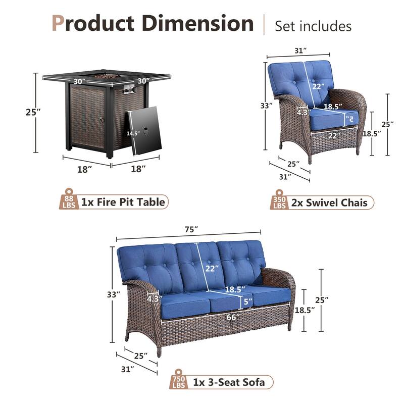 Pocassy Outdoor 30 In Fire Table with Sofa Patio Chair Set