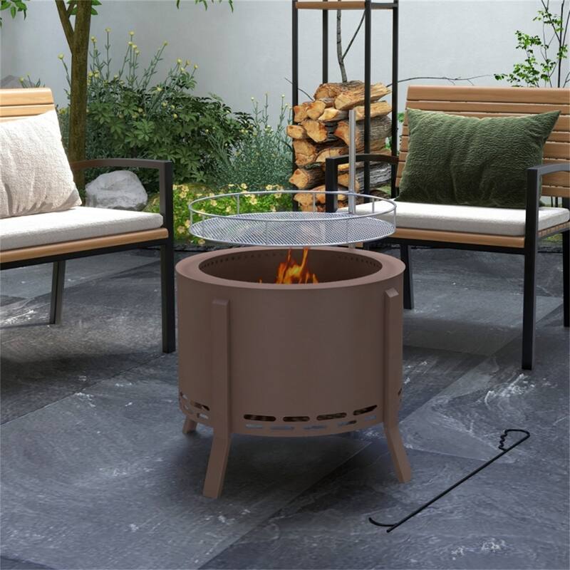 Smokeless Wood Burning Fire Pit with BBQ Grill Bronze Steel Outdoor Fire Pit with Poker 19 Inch - 19" Diameter x 16.5" Height