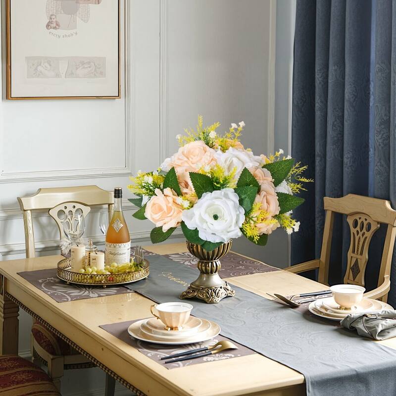 Champagne-White Silk Flower Balls Set of 10 with Plastic Base for Decor - 9.45 x 9.45 x 4.27 inch