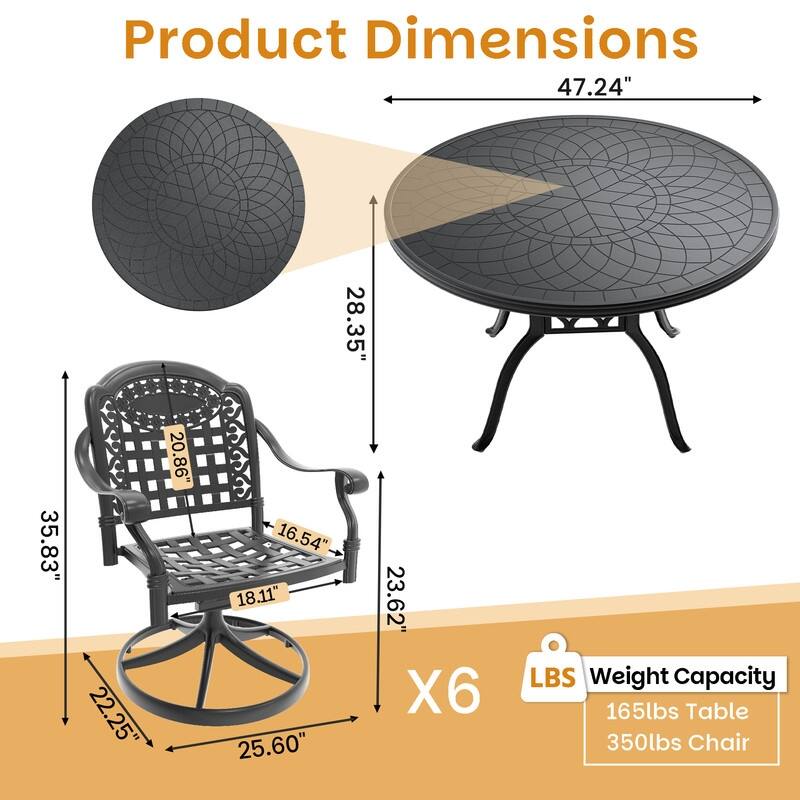 7-Piece Aluminum Round Outdoor Patio Dining Set, 6 Cushioned Swivel Chairs, Table, All-Weather Frames