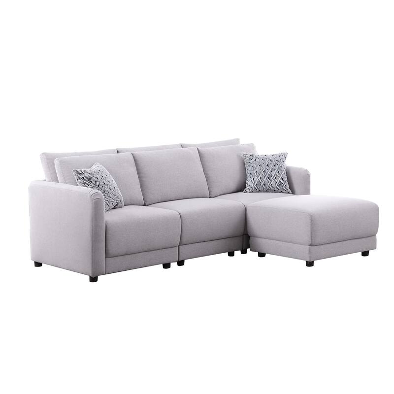 Linen Upholstered Sofa with Ottoman in Light Gray