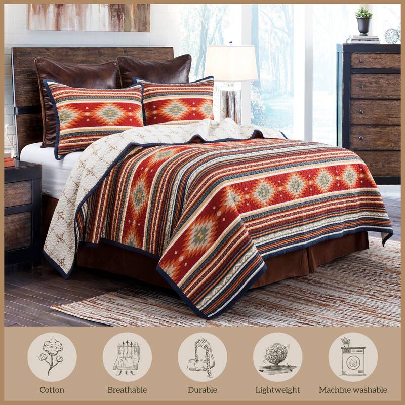 Paseo Road Del Sol Aztec Western Bedding 3 Piece Reversible Quilt Set with Pillow Shams