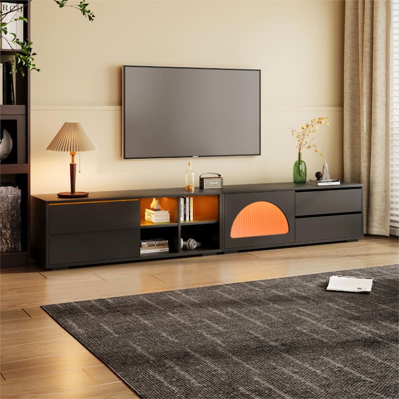 Modern TV Stand with Fluted Glass Door,2 Drawers and LED Light