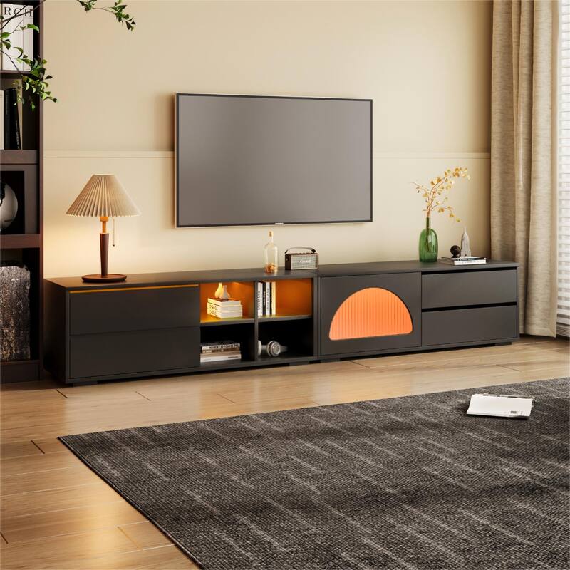 TV Stand for TVs Up to 100'', Entertainment Center with 2 Drawers and Sliding Door , TV Console with LED Light - Black