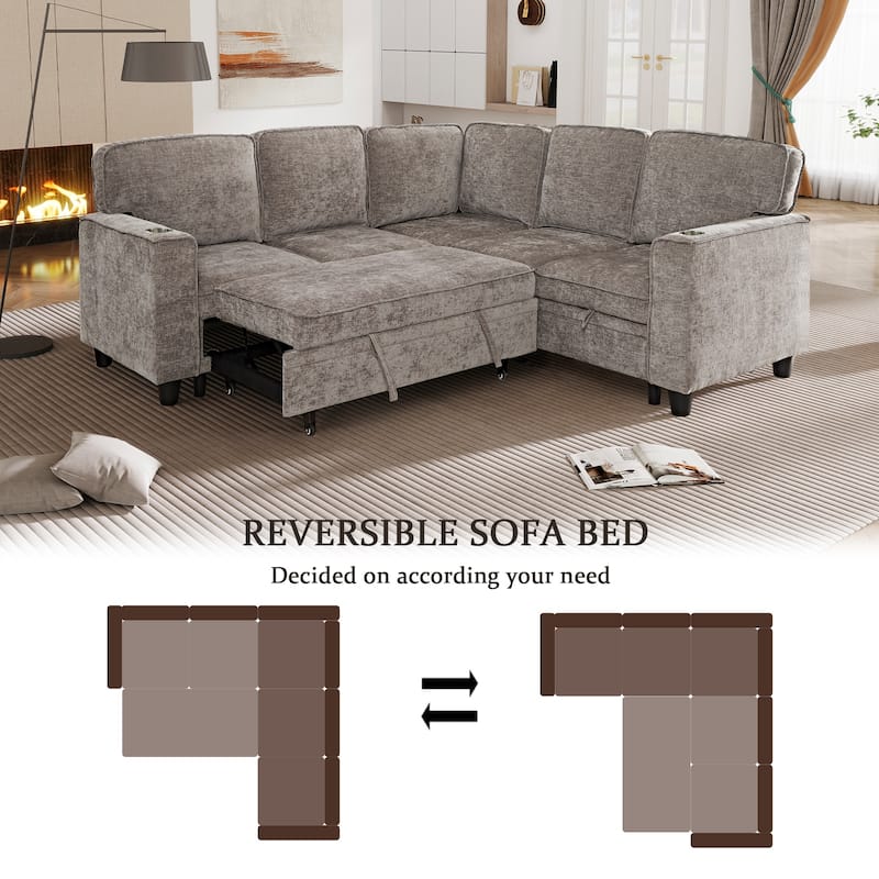 Modern Chenille L-Shaped 5-Seat Sectional Sofa Bed with Storage, USB Ports and Cup Holders for Living Room