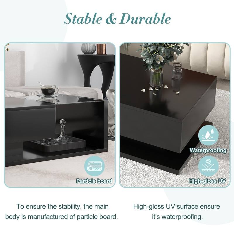 Modernist Glass & High-Gloss Wood Coffee Table with Drawer, 2-Tier Rectangular Center Table for Living Room