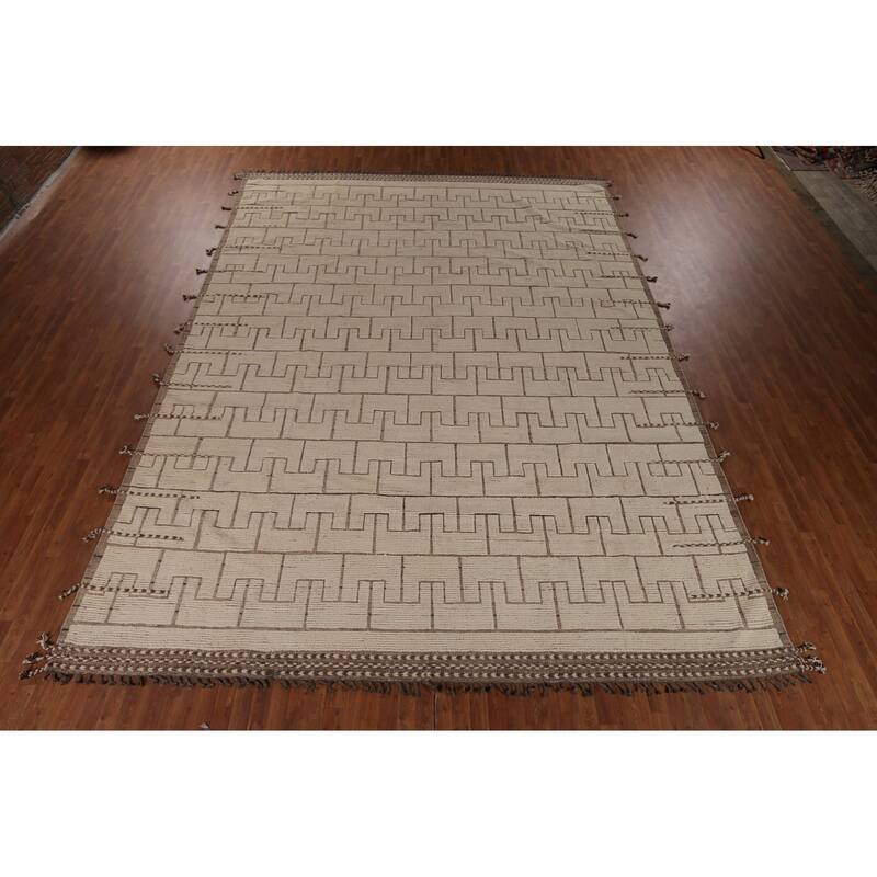 Modern Moroccan Large Rug Handmade Beige Wool Carpet - 11'10"x 16'1"