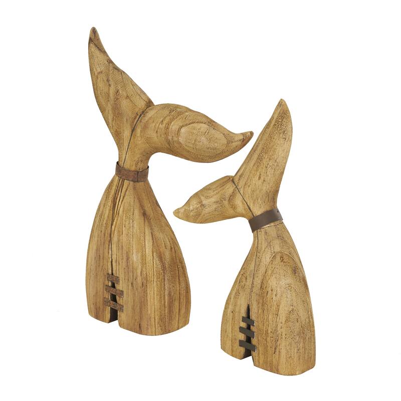 Wood Whale Handmade Tail Decorative Sculpture with Metal Band Accents - Set of 2 Brown - Roche River Decor
